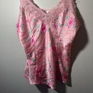 Vintage Silkscreen 100% Silk Floral Camisole Small Pink Lace Trim Cottagecore
